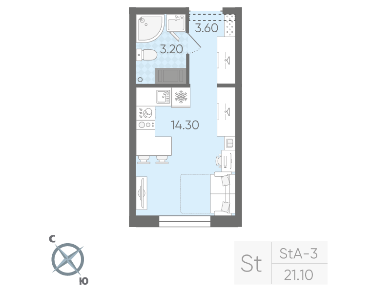 Квартира-студия, 21.1 м² в ЖК "Ручьи" - планировка, фото №1