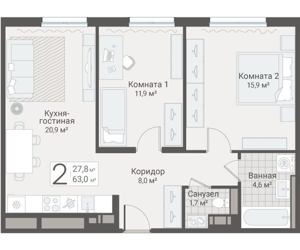 3-комнатная (Евро) квартира, 63 м² в ЖК "Руднева 15" - планировка, фото №1