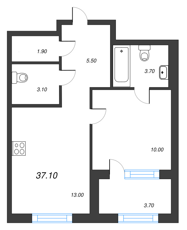 1-комнатная квартира, 37.2 м² в ЖК "Струны" - планировка, фото №1