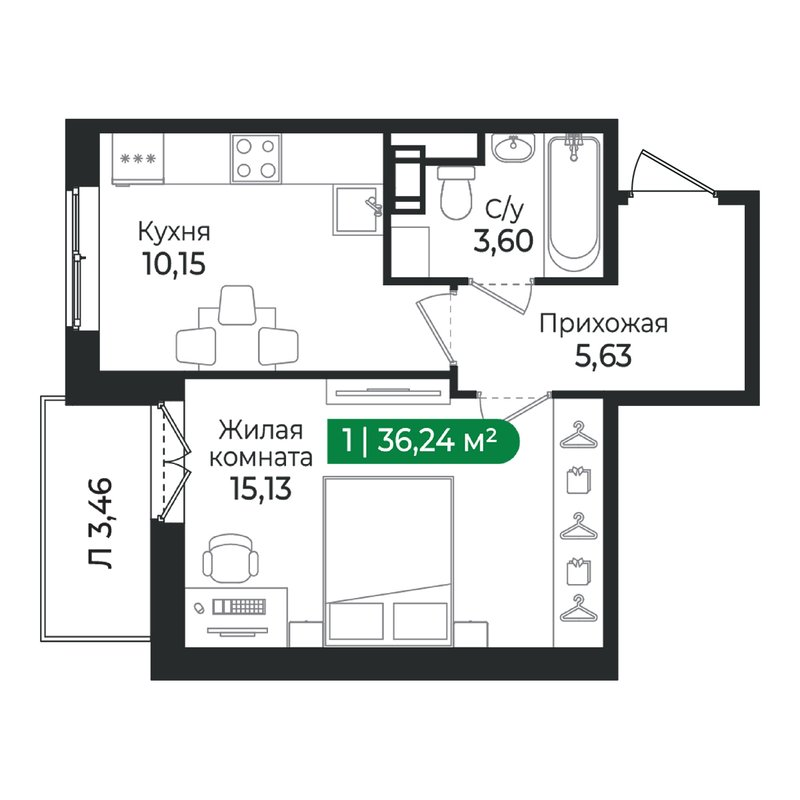 1-комнатная квартира, 36.24 м² в ЖК "Сертолово Парк" - планировка, фото №1