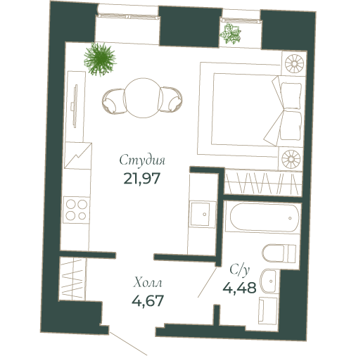 Квартира-студия, 32 м² в ЖК "Мадонна Бенуа" - планировка, фото №1