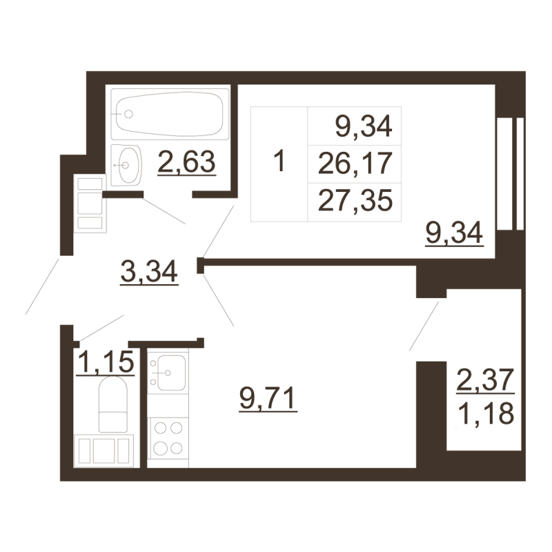 1-комнатная квартира, 27.35 м² - планировка, фото №1