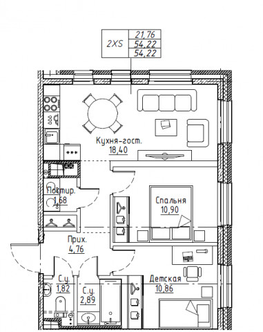3-комнатная (Евро) квартира, 54.22 м² в ЖК "Большой Сампсониевский, 32" - планировка, фото №1