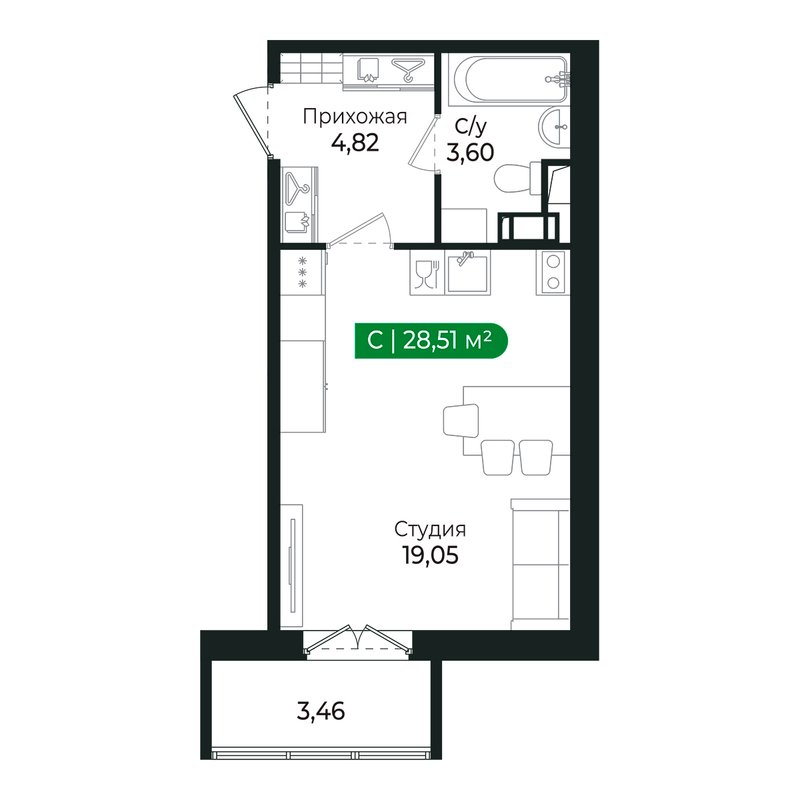 Квартира-студия, 27.3 м² в ЖК "Сертолово Парк" - планировка, фото №1
