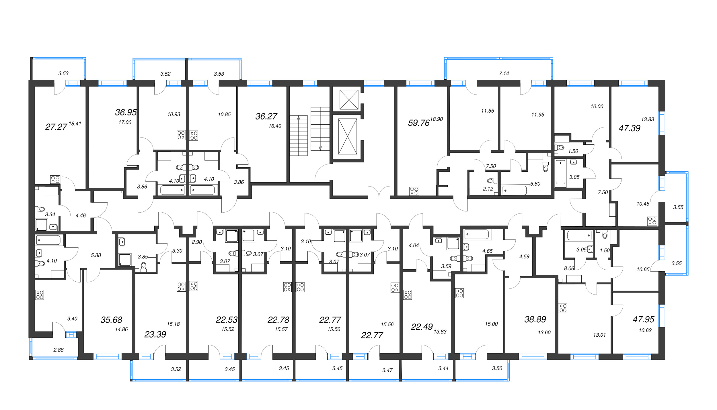 3-комнатная (Евро) квартира, 59.76 м² - планировка этажа