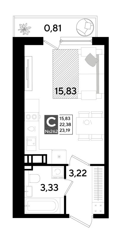 Квартира-студия, 22.44 м² в ЖК "Догма Юкки" - планировка, фото №1