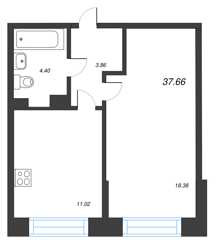 1-комнатная квартира, 37.66 м² в ЖК "Охтинские высоты" - планировка, фото №1