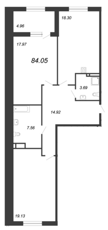 2-комнатная квартира, 84.8 м² - планировка, фото №1