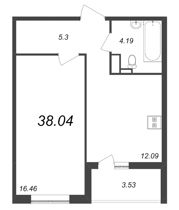 1-комнатная квартира, 34.77 м² - планировка, фото №1