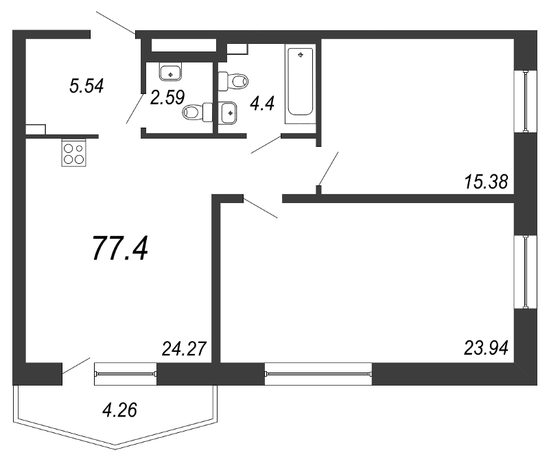 3-комнатная (Евро) квартира, 76.5 м² в ЖК "Звезды Столиц" - планировка, фото №1