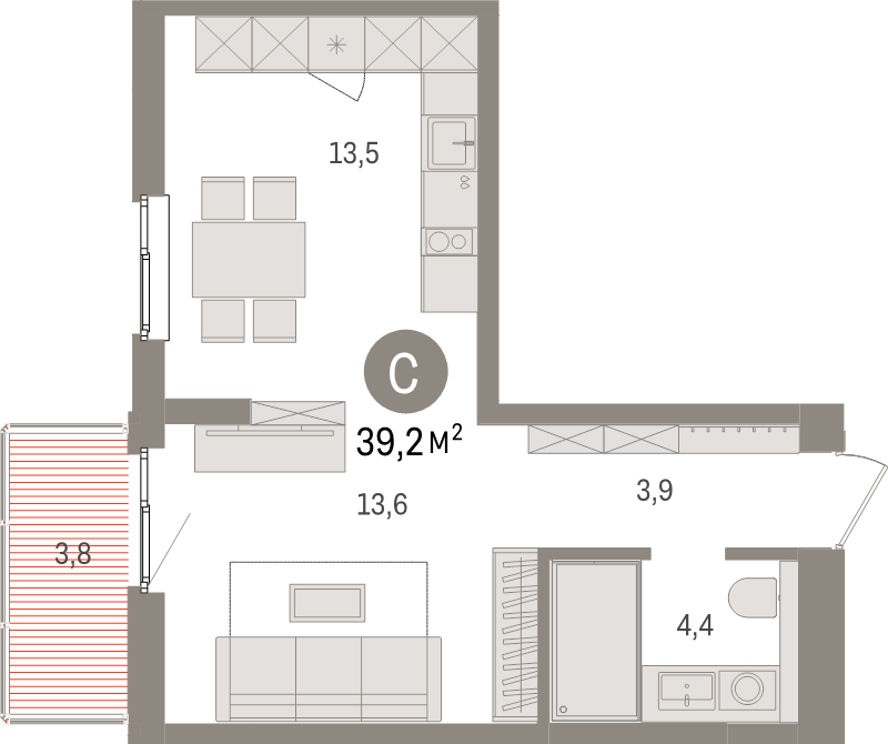 Квартира-студия, 39.2 м² в ЖК "Брусника в Новоселье" - планировка, фото №1