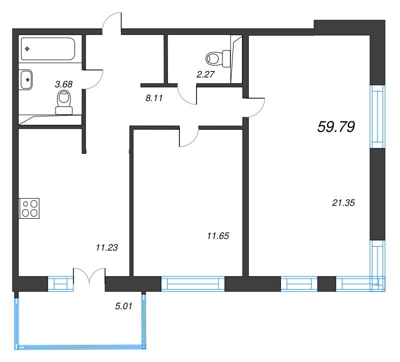 2-комнатная квартира, 59.79 м² в ЖК "Арт Парк" - планировка, фото №1