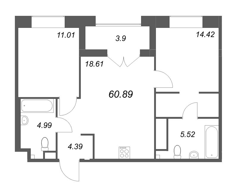 3-комнатная (Евро) квартира, 60.89 м² - планировка, фото №1