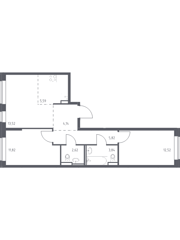 3-комнатная (Евро) квартира, 59.87 м² - планировка, фото №1