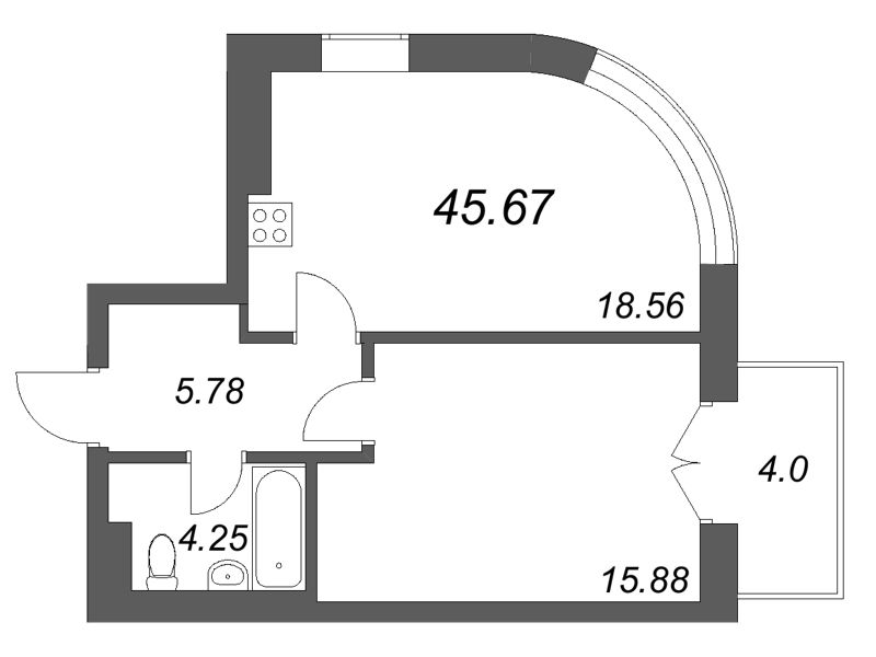 2-комнатная (Евро) квартира, 45.67 м² в ЖК "Фонтанка 130" - планировка, фото №1