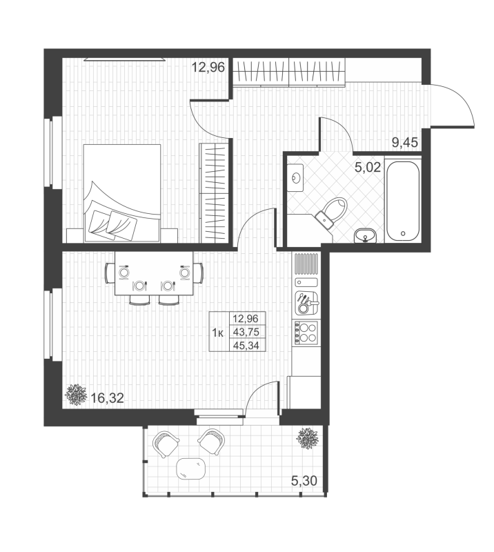 1-комнатная квартира, 43.5 м² в ЖК "Ново-Антропшино" - планировка, фото №1