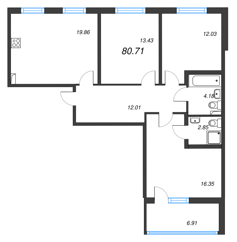 4-комнатная (Евро) квартира, 80.71 м² в ЖК "Любоград" - планировка, фото №1