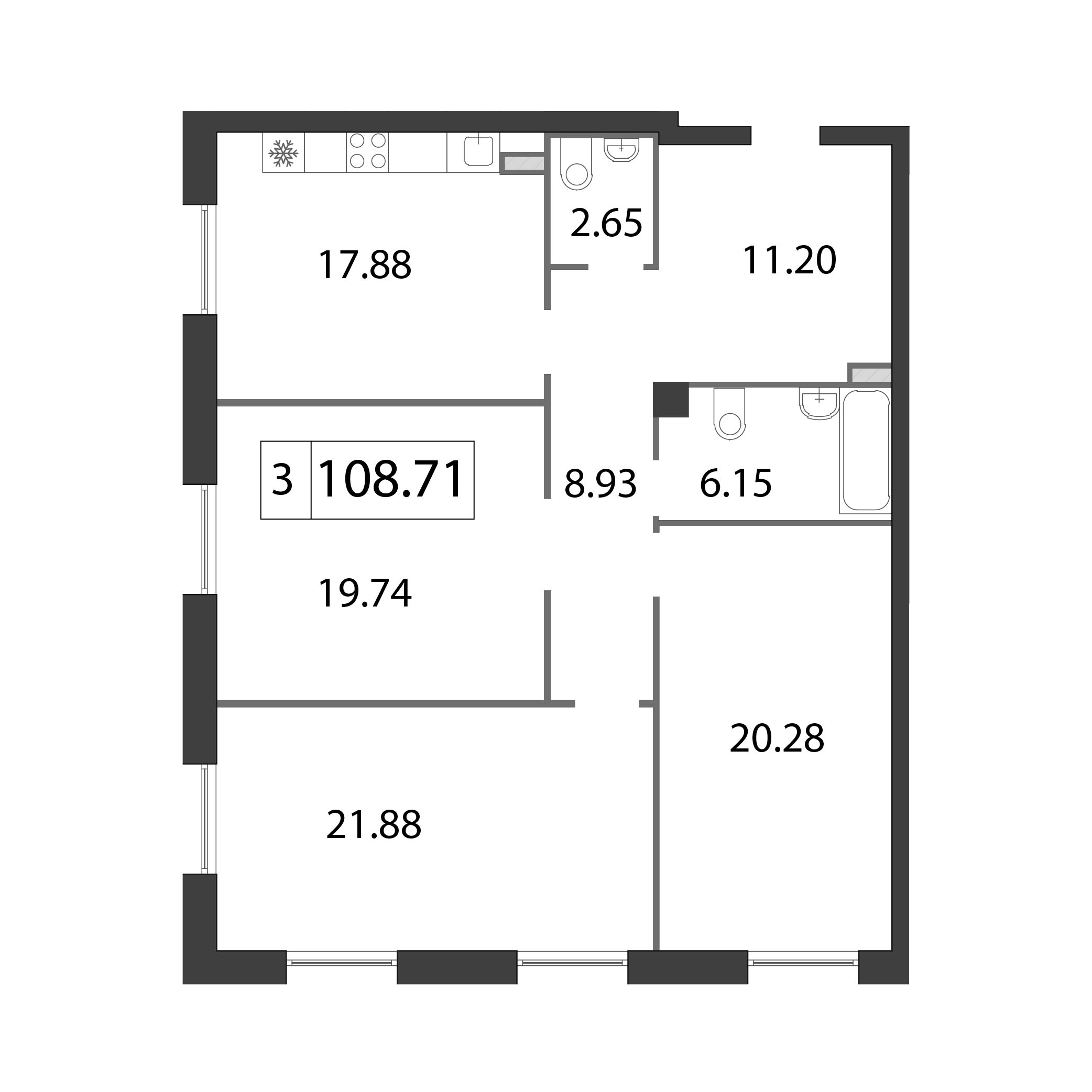 4-комнатная (Евро) квартира, 108.8 м² - планировка, фото №1