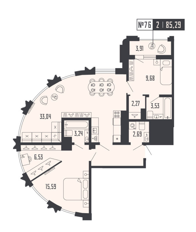 3-комнатная (Евро) квартира, 85.29 м² - планировка, фото №1