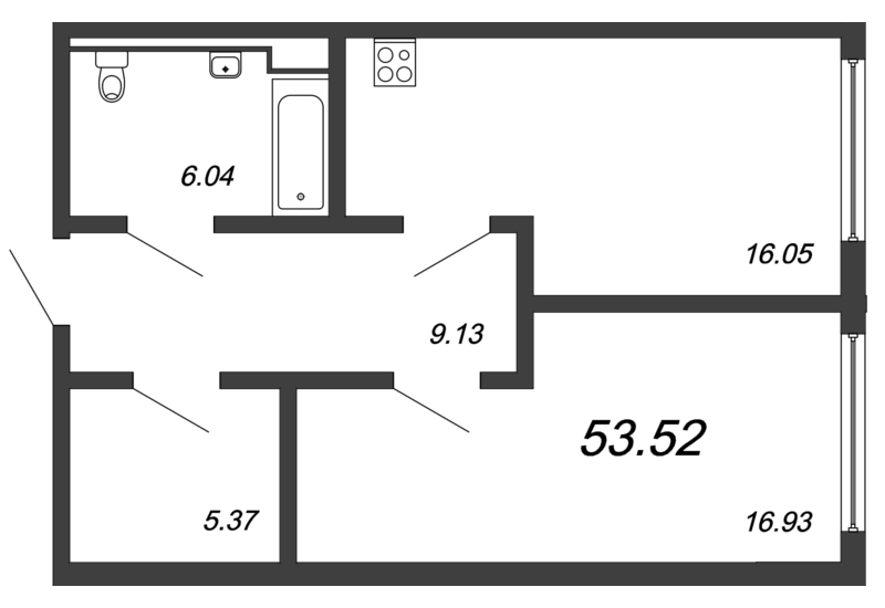 1-комнатная квартира, 52.33 м² в ЖК "Valo" - планировка, фото №1