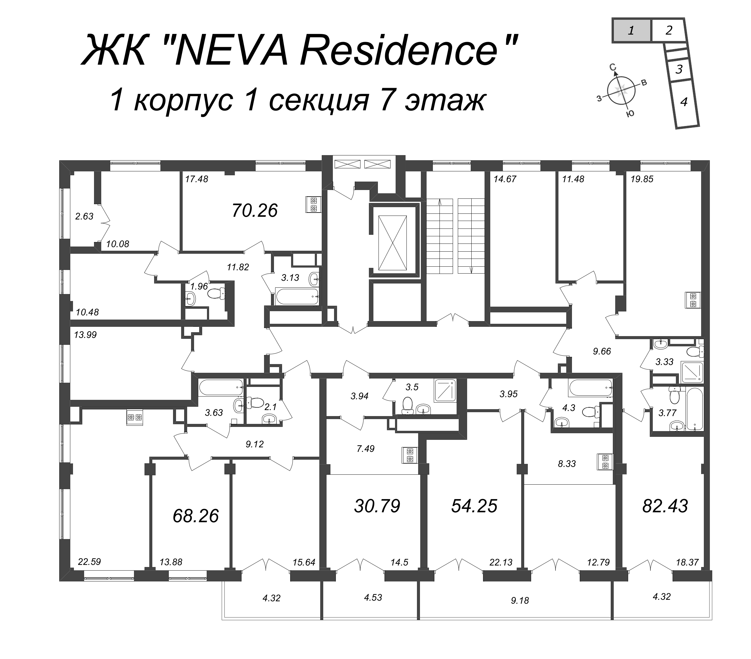 3-комнатная (Евро) квартира, 68.26 м² - планировка этажа