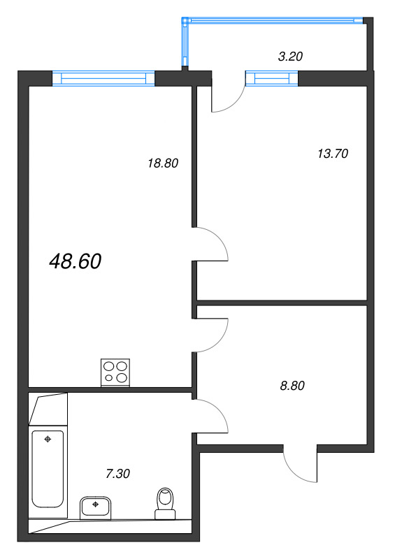 2-комнатная (Евро) квартира, 48.6 м² в ЖК "Руднева 15" - планировка, фото №1