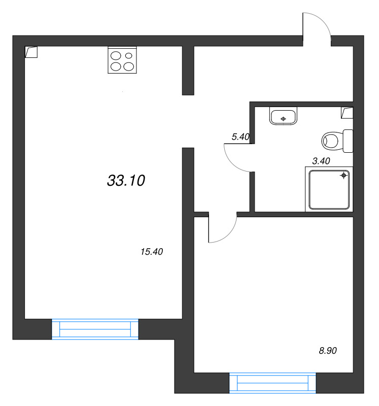 1-комнатная квартира, 33.1 м² - планировка, фото №1