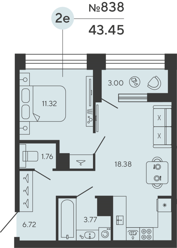 2-комнатная (Евро) квартира, 43.45 м² в ЖК "Bashni Element" - планировка, фото №1