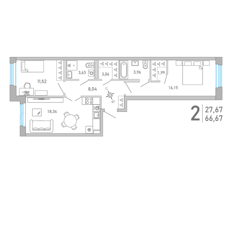3-комнатная (Евро) квартира, 66.67 м² - планировка, фото №1