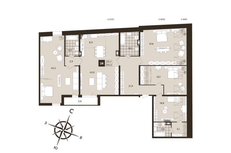 5-комнатная (Евро) квартира, 231.7 м² в ЖК "Дом на Бронницкой" - планировка, фото №1