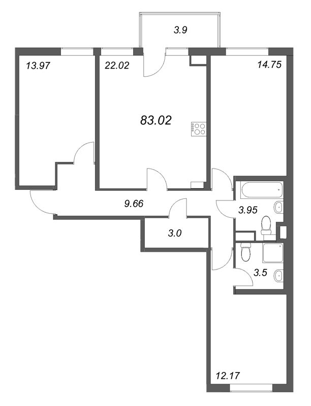 4-комнатная (Евро) квартира, 83.02 м² в ЖК "Любоград" - планировка, фото №1