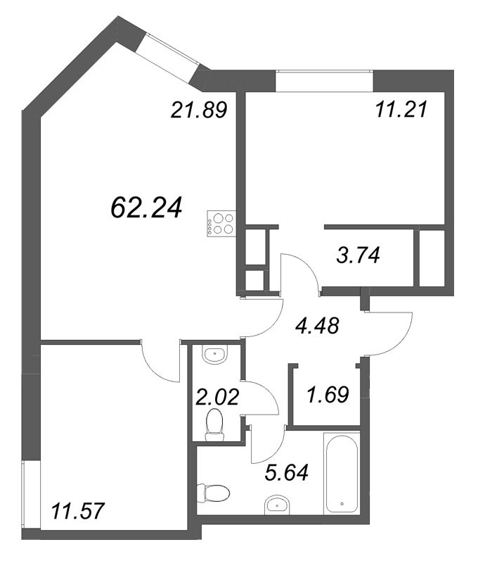 3-комнатная (Евро) квартира, 62.24 м² в ЖК "Соло. Петергоф" - планировка, фото №1