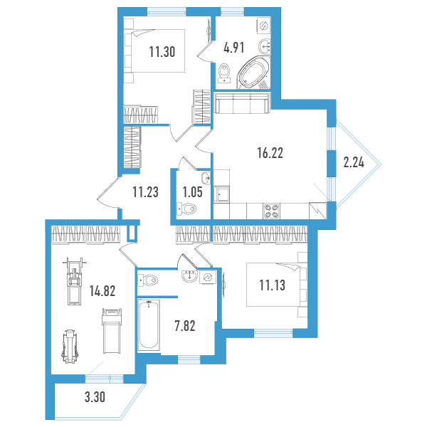 3-комнатная квартира, 81.14 м² - планировка, фото №1