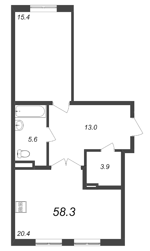 1-комнатная квартира, 58.3 м² - планировка, фото №1