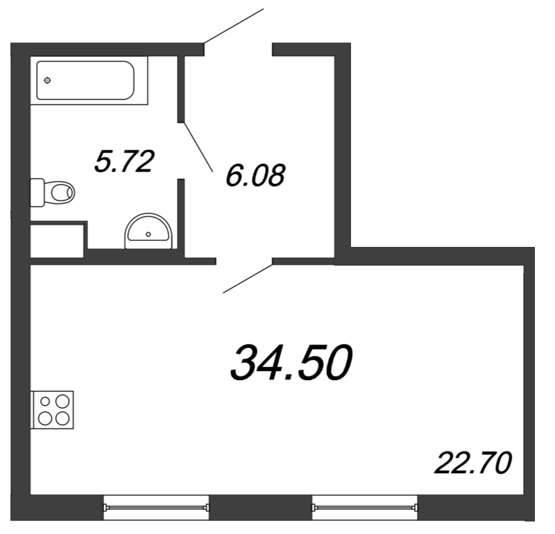Квартира-студия, 34.6 м² - планировка, фото №1