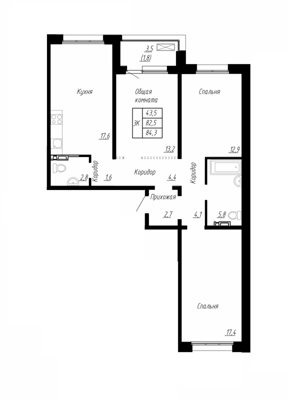 4-комнатная (Евро) квартира, 84.3 м² в ЖК "Сибирь" - планировка, фото №1