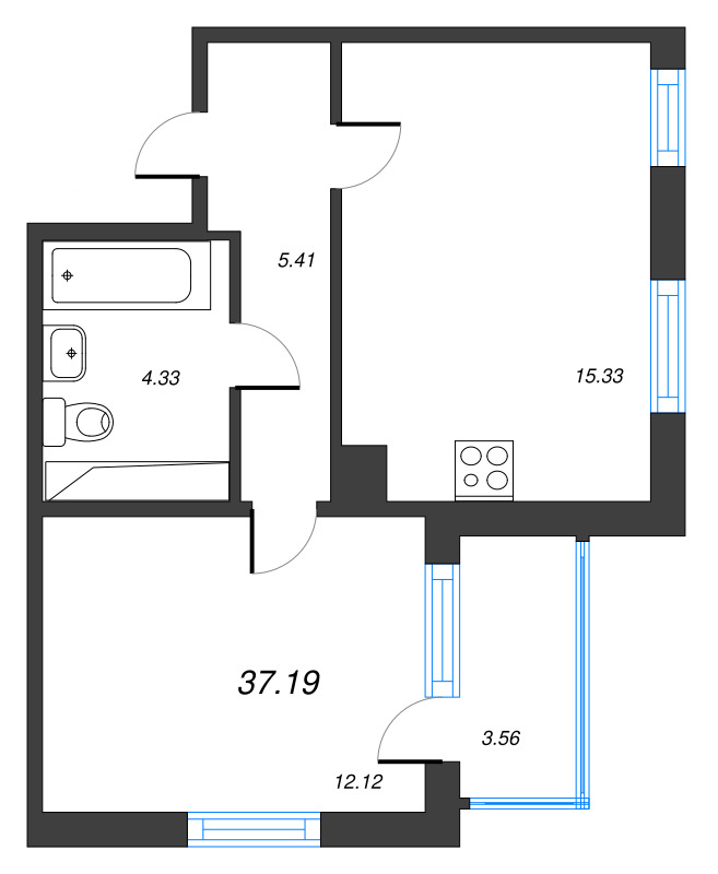 2-комнатная (Евро) квартира, 37.19 м² в ЖК "ЮгТаун" - планировка, фото №1