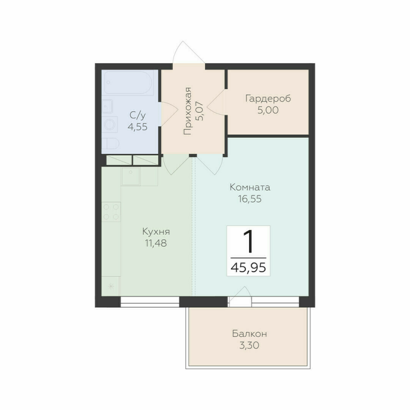 1-комнатная квартира, 45.95 м² в ЖК "Финский квартал" - планировка, фото №1