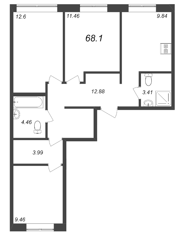 3-комнатная квартира, 68.1 м² - планировка, фото №1