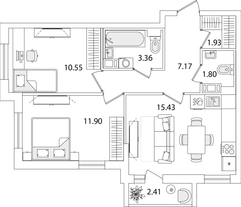 2-комнатная квартира, 53.35 м² в ЖК "Кинопарк" - планировка, фото №1