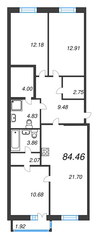 4-комнатная (Евро) квартира, 85.04 м² - планировка, фото №1