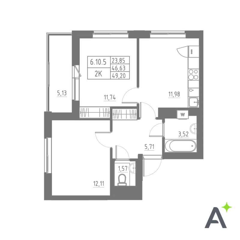 2-комнатная квартира, 49.2 м² в ЖК "Аквилон Solar" - планировка, фото №1