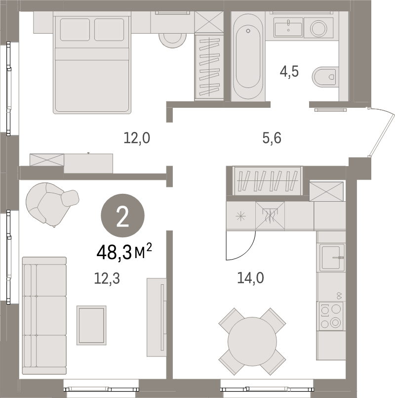 2-комнатная квартира, 48.3 м² - планировка, фото №1