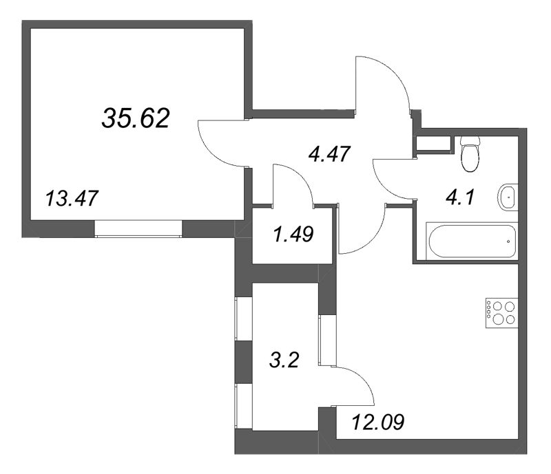 1-комнатная квартира, 35.62 м² в ЖК "Дубровский" - планировка, фото №1