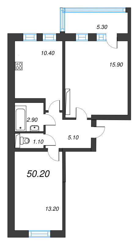 3-комнатная (Евро) квартира, 50.2 м² в ЖК "ЭКО Квартал NEGA" - планировка, фото №1