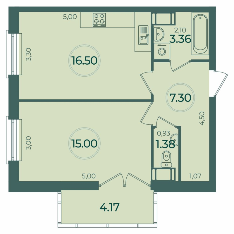 2-комнатная (Евро) квартира, 44.79 м² в ЖК "Дуалист" - планировка, фото №1