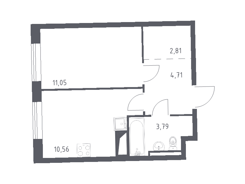 1-комнатная квартира, 32.92 м² - планировка, фото №1