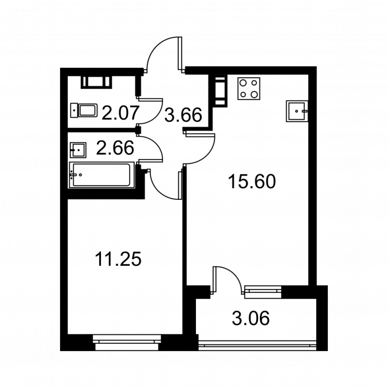 2-комнатная (Евро) квартира, 36.77 м² в ЖК "Квартал Заречье" - планировка, фото №1
