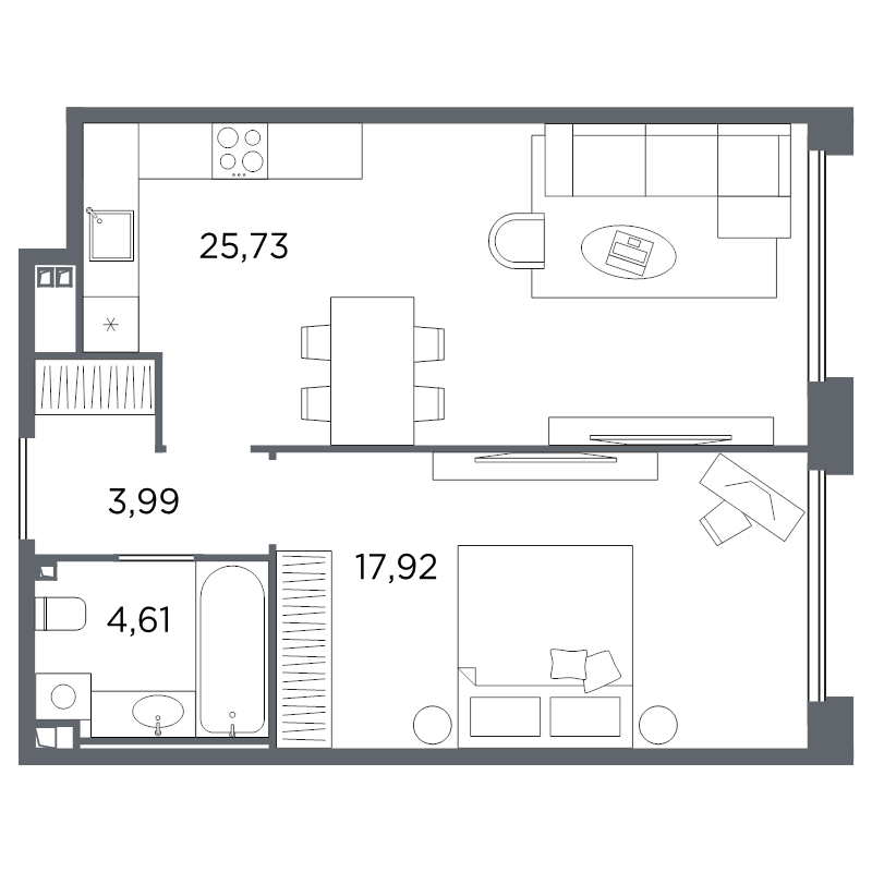 2-комнатная (Евро) квартира, 52.25 м² в ЖК "Акватория" - планировка, фото №1