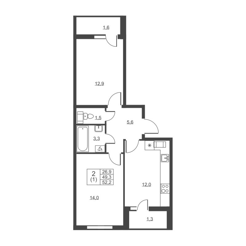 2-комнатная квартира, 52.2 м² - планировка, фото №1